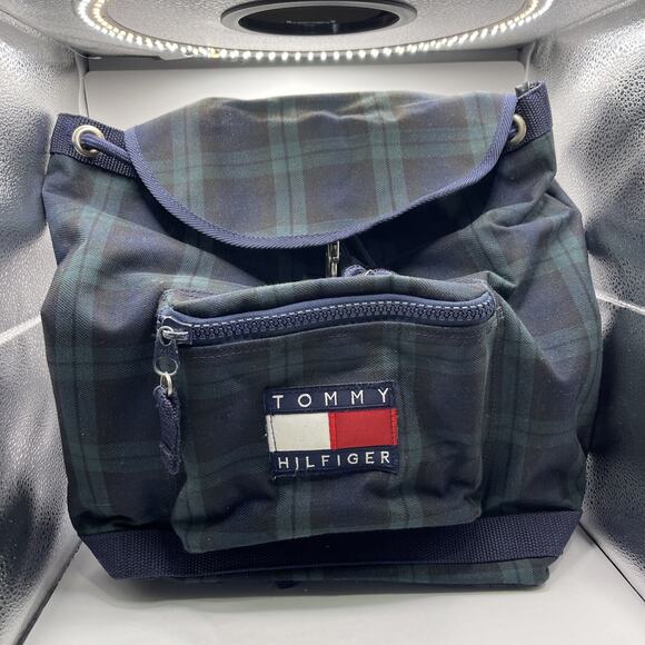 1990s Tommy Hilfiger Plaid Backpack Navy Green Big Flag Logo Spellout Korea VTG‎ - Picture 1 of 16